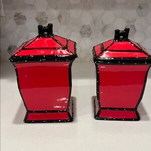 Vintage Casa Vero red and black white polkadot trim, ceramic canister set of 2.